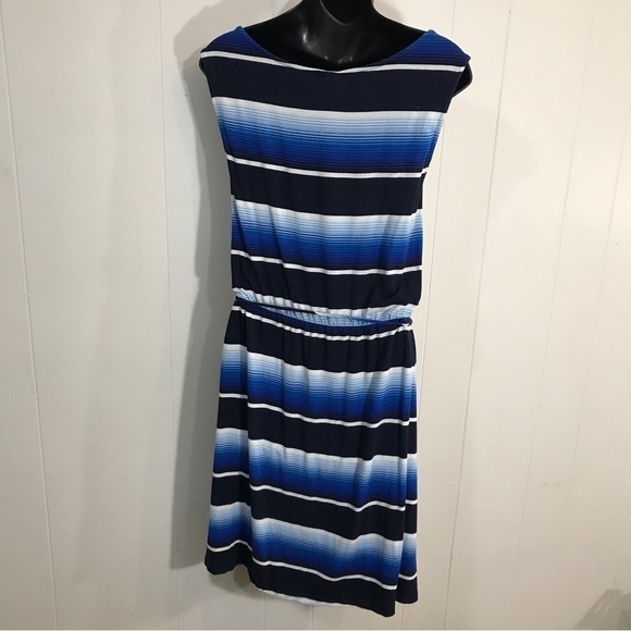 Merona Blue and White Horizontal Stripes Dress Above the Knee Belted XXL - Picture 3 of 4
